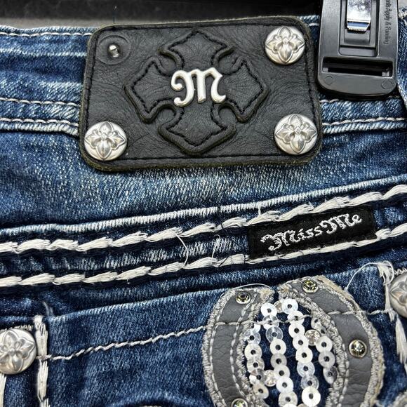 Miss Me Jeans Women's 27x31 (4) Blue Easy Boot Embellished Fleur de Lis Blingy - Picture 6 of 15